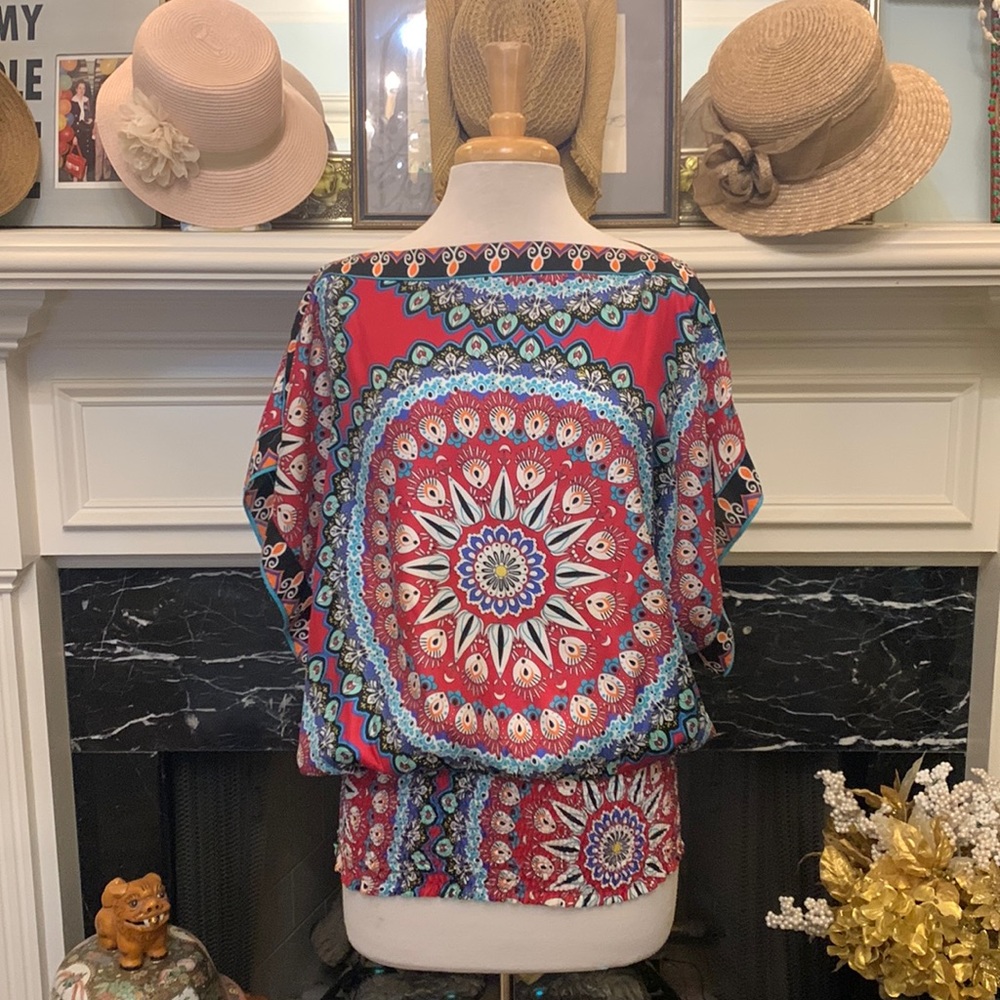 “Rampage” kimono sleeve smocked waist colorful top